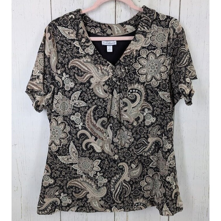 Croft Barrow Size 1x Black Tan Paisley Womens V Neck Short Sleeve Blouse